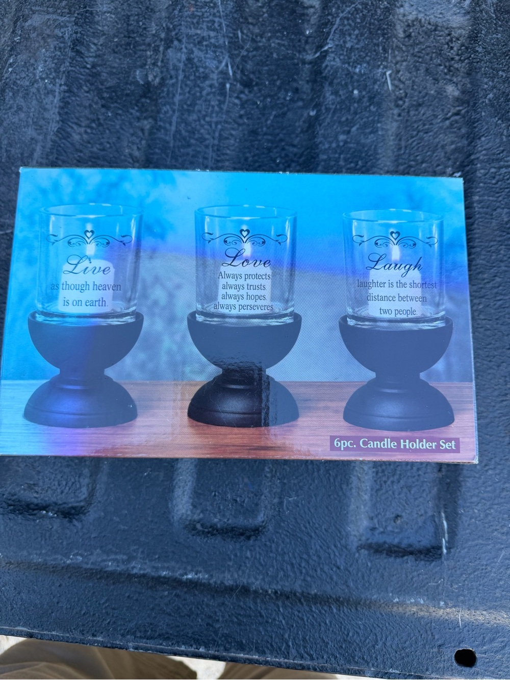 6pc Black Love & Laugh Glass Candle Holder Set